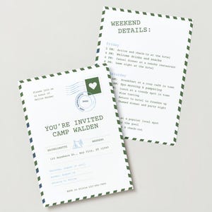 Carte postale d'invitation modifiable pour célibataires en montagne : modèle sur toile modifiable avec itinéraire pour une fête sur le thème du camp