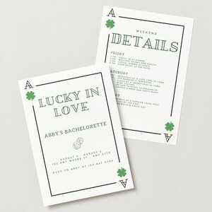 Modello di invito e itinerario per addio al nubilato Lucky in Love / Design di carte da gioco con trifoglio e iniziale / Download digitale modificabile Canva