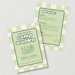 Uitnodiging vrijgezellenkamp en reisschema: Groovy Girls-weekend (bewerkbare canva-sjabloon)