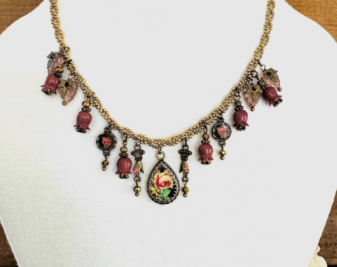 Michal Negrin Necklace Victorian Rose Hands Bells Crystals Charm Pendants Chain