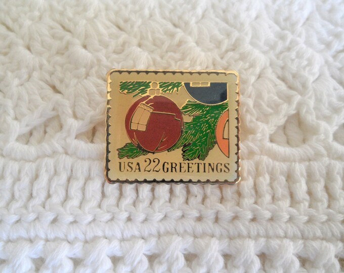 Christmas Ornament Glazed Enamel 22 Cent Postage Stamp Pin 1987