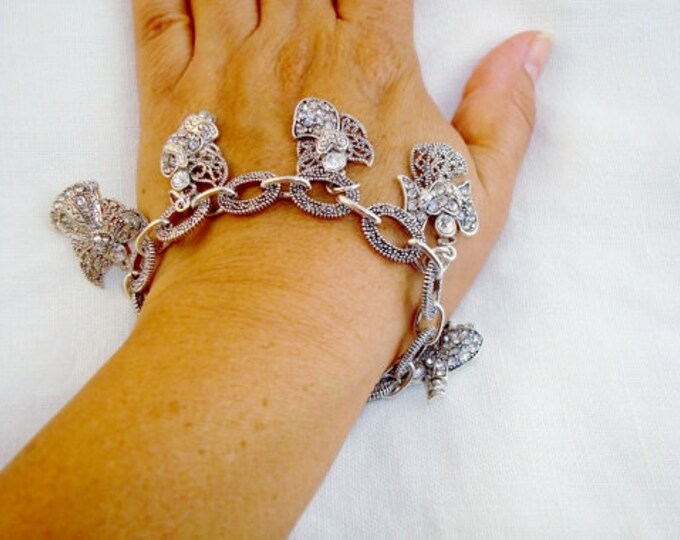 Gorgeous Silvertone Clear Rhinestone Angel Charm Bracelet