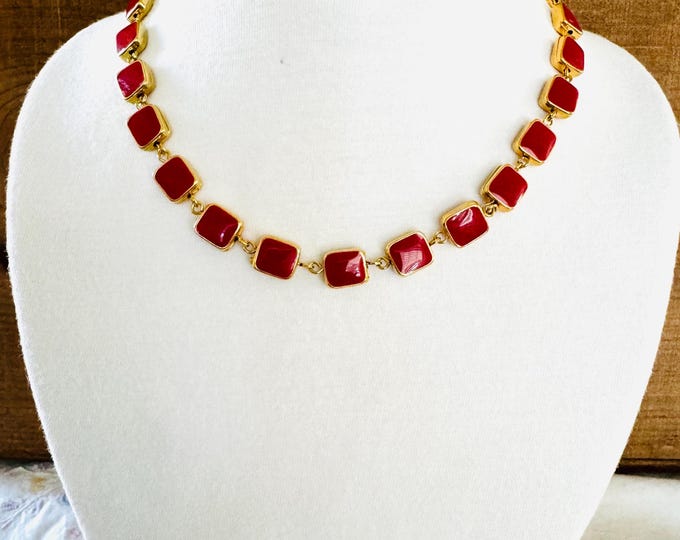 Napier Vintage Red Enamel Gold Tone Link Necklace
