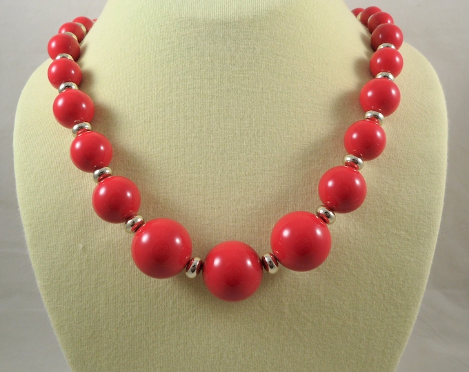 Vintage Synthetic Red Beaded Gold Tone Necklace