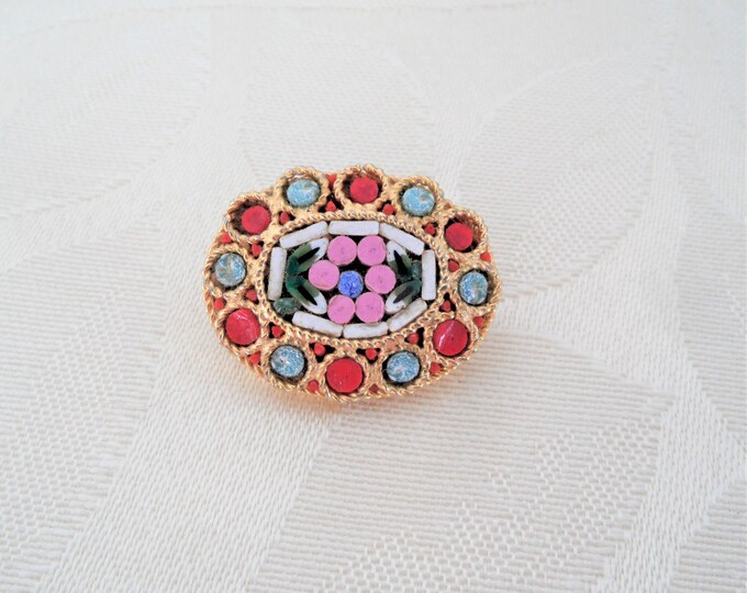 Gorgeous Multi Color Oval Mosaic Gold Tone Pin Brooch