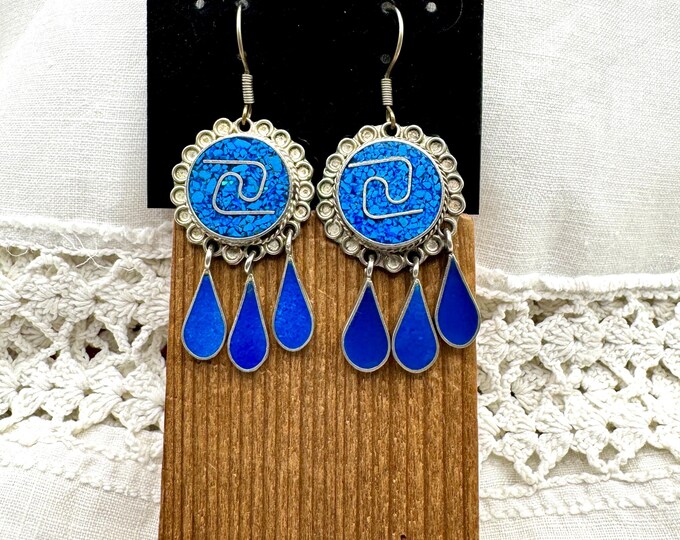 Vintage Alpaca Mexican Silver Crushed Turquoise Earrings, Azure Blue, Boho Hippie, Alpaca Mexico, Southwestern