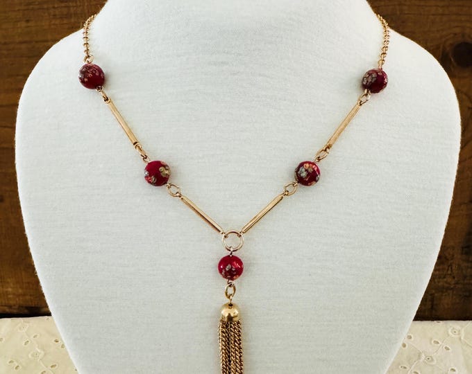 Gold Tassel Necklace Sarah Coventry Venetian Treasure Glass Red Bead Long Tassel Necklace Vintage Long Gold Red Bead Tassel Necklace Jewelry