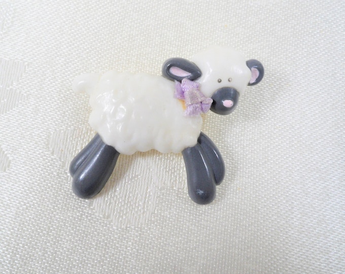 Hallmark Pin Easter Sheep Lamb Gray & White Vintage Easter Brooch Satin Bow