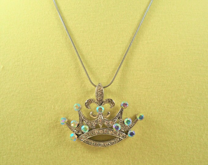Sparkling Crystals Fleur Di Lis Crown Silver Tone Pendant Necklace