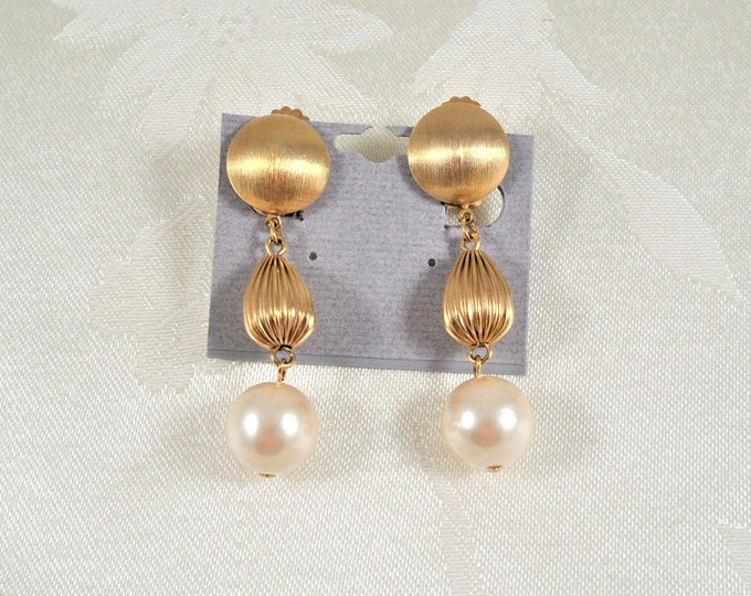Signed LR Gold Tone Faux Pearl Clip On Earrings