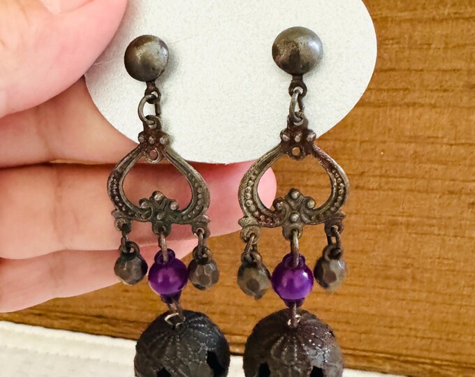 Vintage Retro Bronze Tone Purple Dangle Drop Earrings