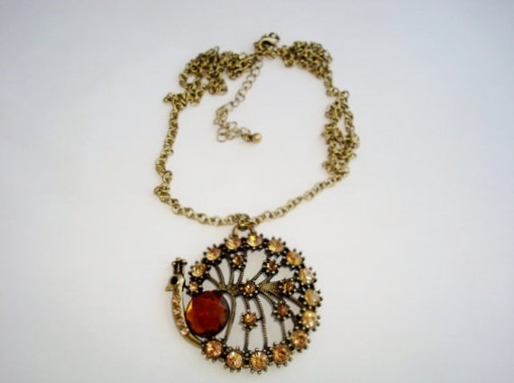 Brass Tone Topaz Crystal Peacock Pendant Necklace - image 4