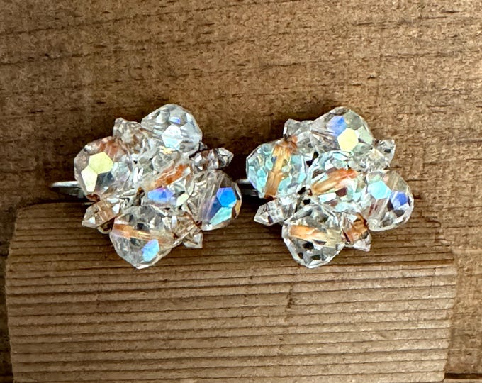 Laguna Aurora Borealis Crystal Bead Cluster Clip On Earrings Vintage Signed