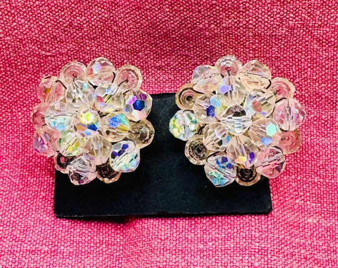 Vintage Cluster Sparkly AB Clear Crystals Clip On Earrings