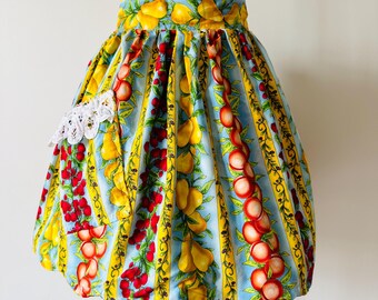 Vintage Half Apron In Multi Fruit Print One Pocket Double Cloth Apron