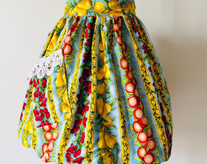 Vintage Half Apron In Multi Fruit Print One Pocket Double Cloth Apron