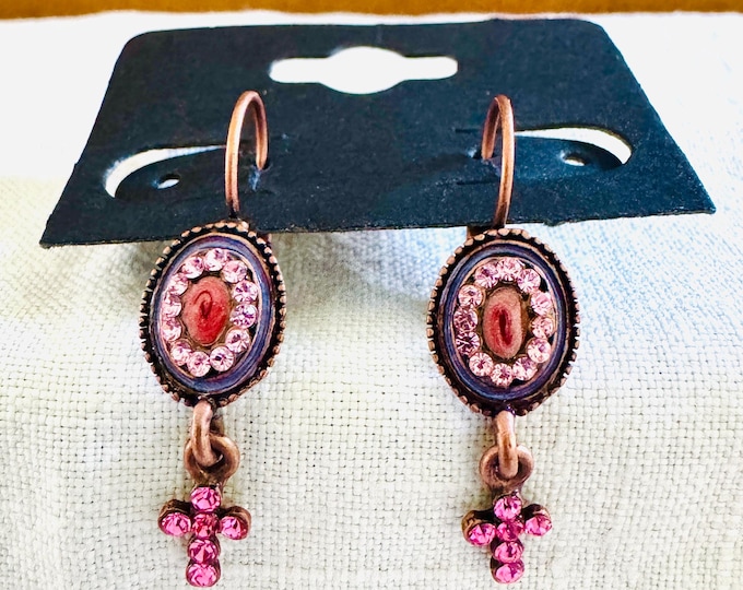 Pink Rhinestones Cross Copper Tone Dangle Earrings