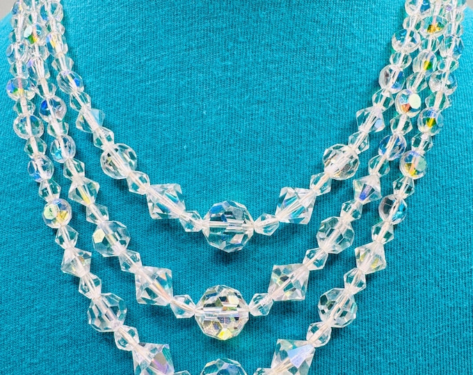 Vintage Triple Strand Faceted Clear Crystals AB Necklace