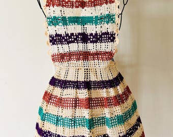 Vintage Crocheted Multi Colored Hostess Apron With Bib