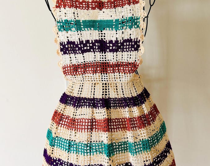 Vintage Crocheted Multi Colored Hostess Apron With Bib