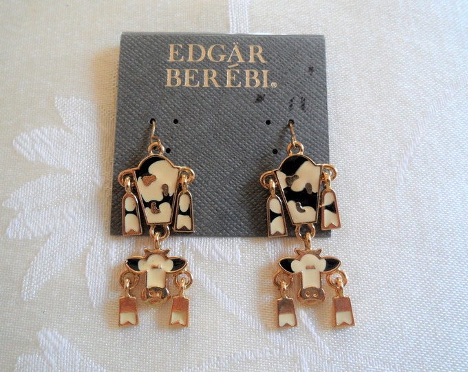 Gold Tone Edgar Berebi Creamy Black Enamel Articulated Cow Hook Earrings