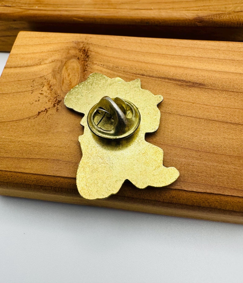 May include: A gold-colored metal pin with a map outline. The pin has a butterfly clutch on the back for secure attachment. The pin is set against a wooden surface.