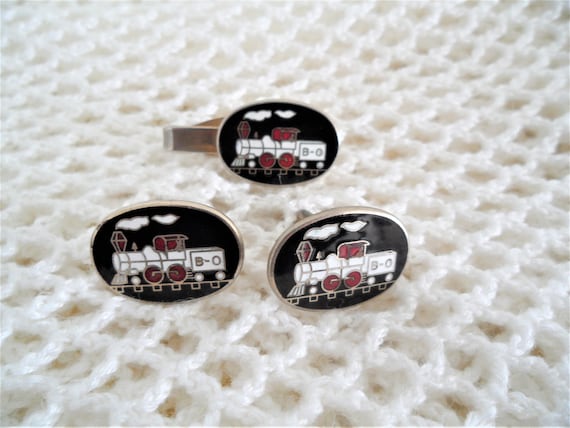 Vintage Oval Train Engine Enamel Mens Cufflinks/T… - image 1