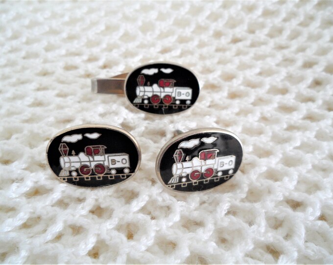 Vintage Oval Train Engine Enamel Mens Cufflinks/Tie Clip Set