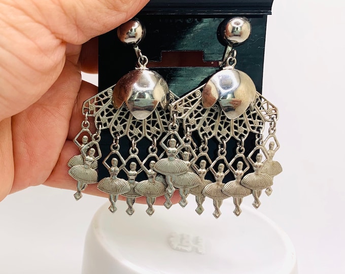 Vintage Silver Tone Ballerina Carousel Chandelier Screw Back Earrings