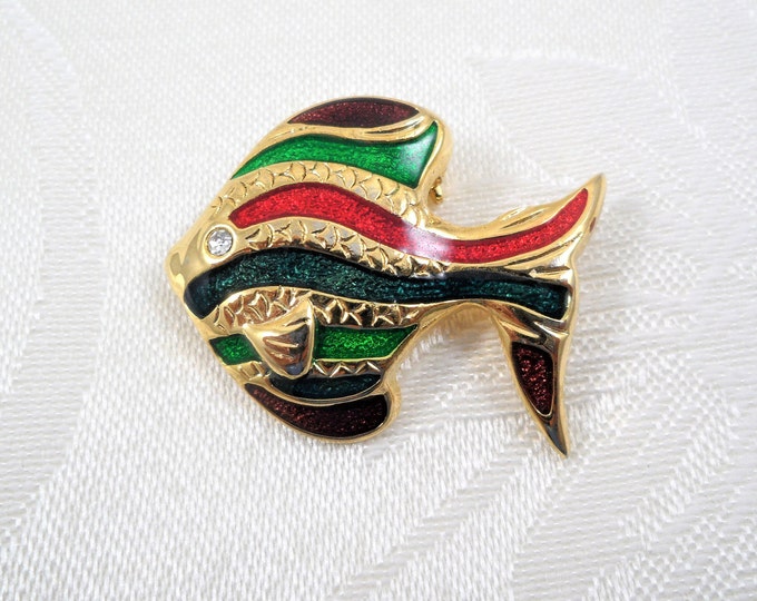 Multi Color Enameled Gold Tone Fish Brooch Pin