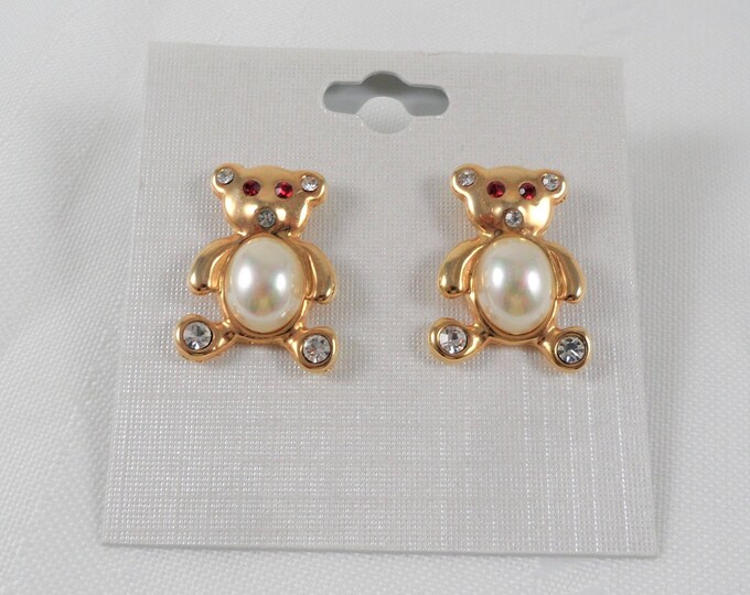Cute Gold Tone Faux Pearl Teddy Bear Post Earrings