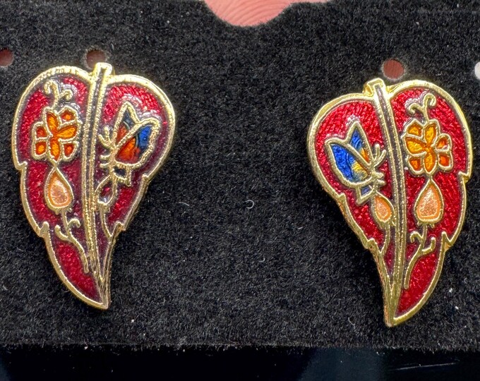 Vintage Cloisonne Leaf Butterfly Floral Earrings