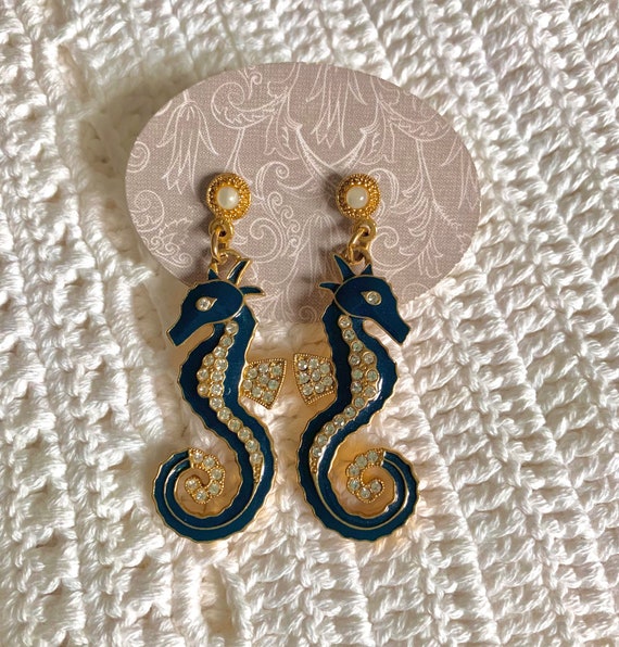 Gorgeous Blue Enameled Clear Crystals Seahorse Da… - image 3