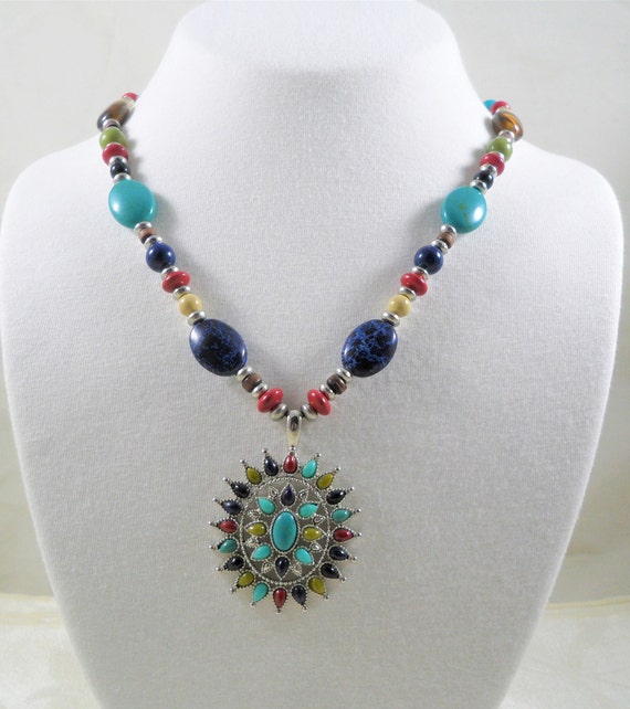 Signed Chaps Multi Color Beaded Pendant Necklace - image 3