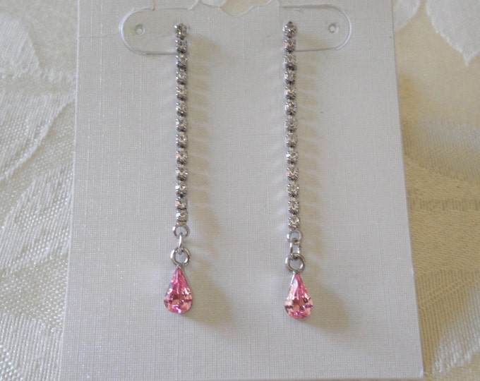 Vintage Clear Rhinestones Pink Tear Drop Silver Tone Post Pierced Dangle Earrings