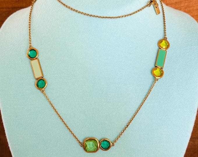 Kate Spade Necklace Open Bezel Station Yellow Green Blue Enamel Gold Tone 32”