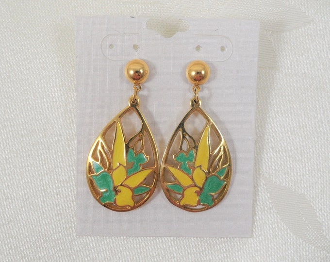 Vintage Gold Tone Yellow Green Enameled Floral Pierced Dangle Earrings