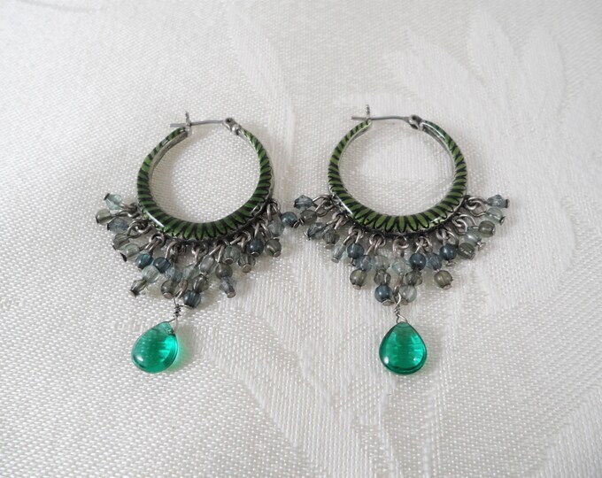 Silver Tone Chandelier Green Tear Drop Double Side Earrings