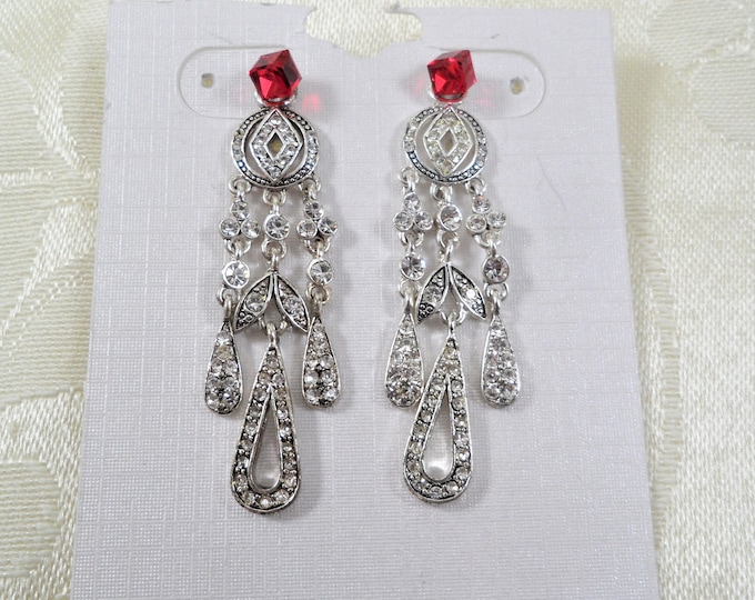 Signed Monet Silver Tone Clear Rhinestone Red Chandelier Earrings