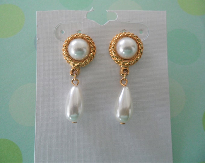Gold Tone Faux Pearl Vintage Pierced Earrings