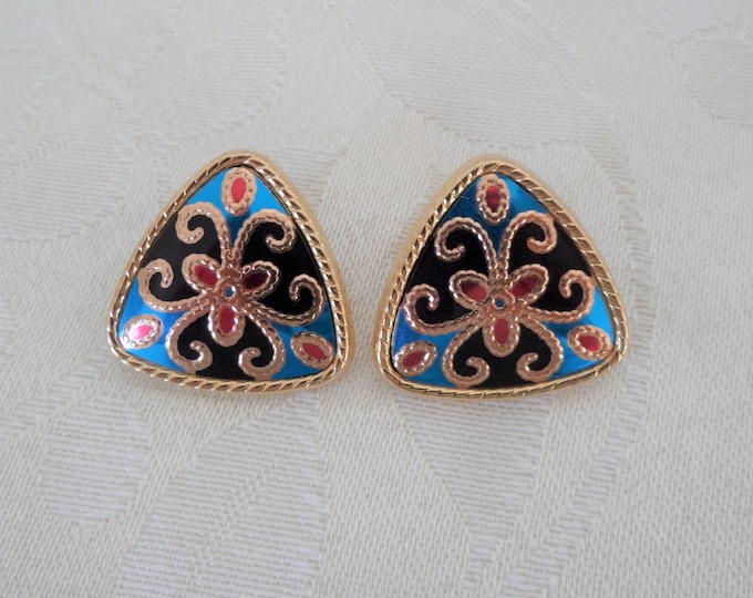 Gorgeous Gold Tone Colorful Enameled Triangle Pierced Earrings