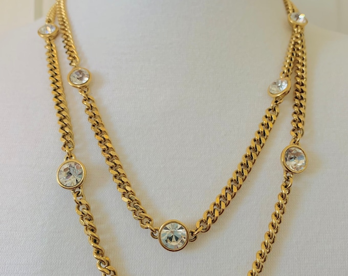 Givenchy Gold Tone Clear Crystals Long Necklace