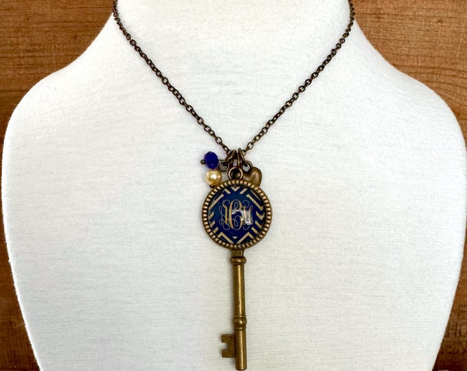 Blue Skeleton Key Bronze Tone Necklace