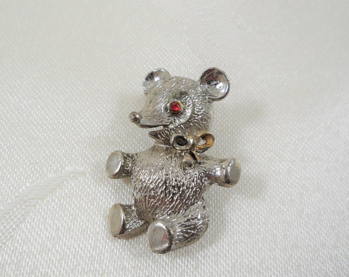 Silver Tone Teddy Bear Vintage Brooch Pin