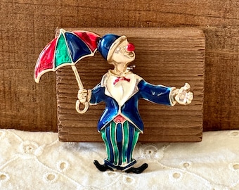 Vintage Clown Brooch With Umbrella And Red Nose