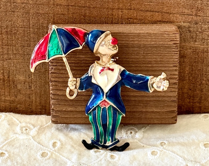 Vintage Clown Brooch With Umbrella And Red Nose