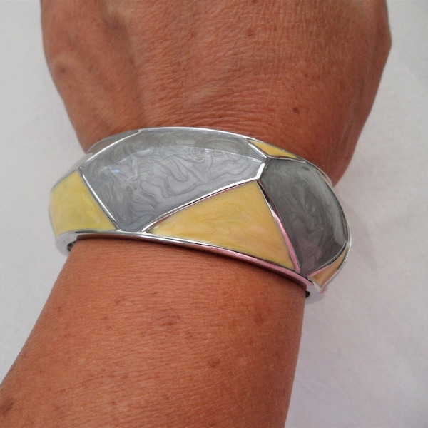 Silver Tone Yellow/Gray Enamel Cuff Bangle Bracelet