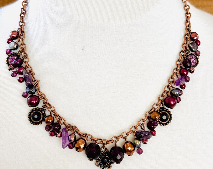 Cookie Lee Copper Tone Chain Necklace With Shades Of Purple Beads And Charms