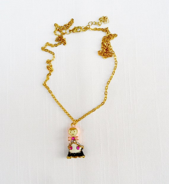 Lovely Enamel Rhinestones Vintage Doll Pendant Ne… - image 4