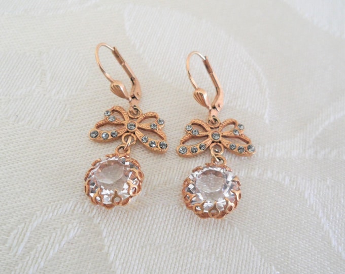 Lovely Gold Tone Clear Bead & Rhinestone Butterfly Dangle Lever Back Earrings